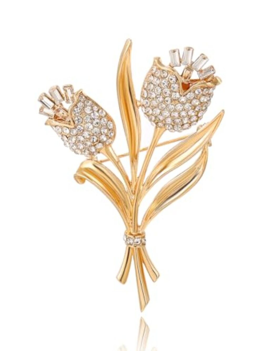 New - Crystal Brooch Vintage Floral Gold Pin Micro Pave Daisy/Tulip Rhinestone